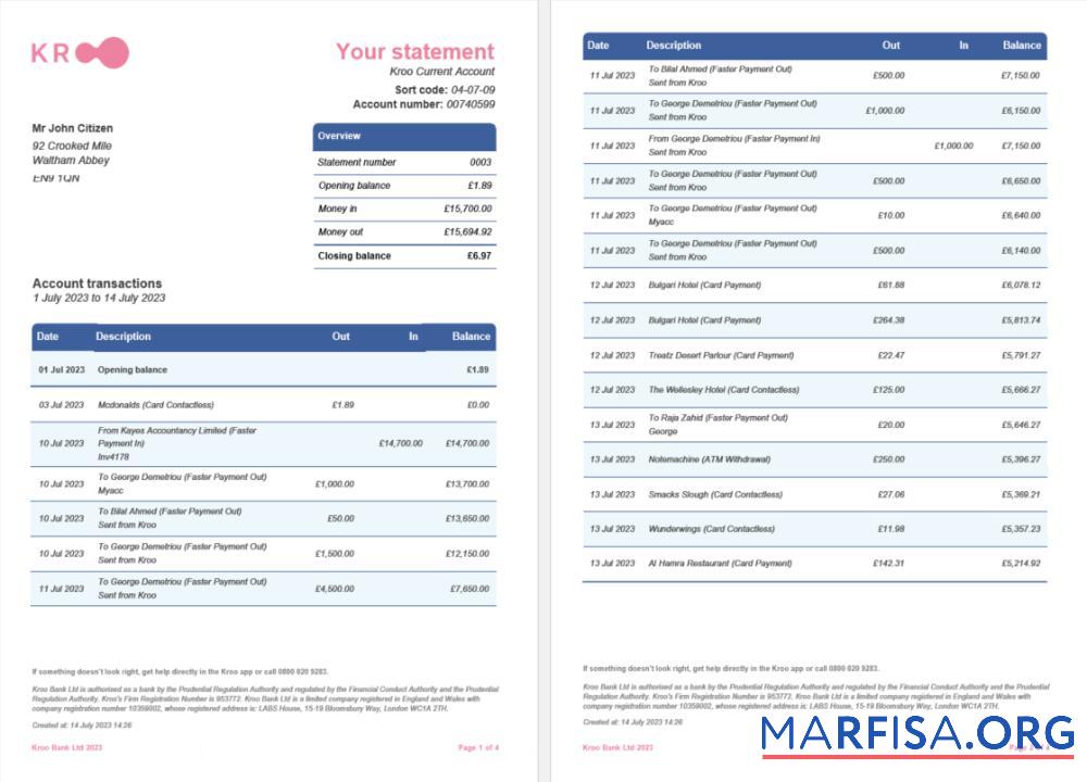 Downloadable United Kingdom Kroo bank statement word 4 pages 1 2 sample